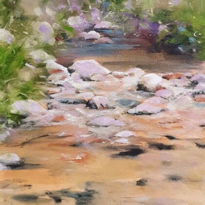 Oil painting, landscape with small creek in Australian bush by Victoria Collins