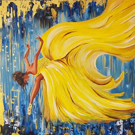 (CreativeWork) Modern abstract acrylic painting with gold leaf on canvas: "Dance me on and on" by Minoo Masih. Mixed Media. Shop online at Bluethumb.