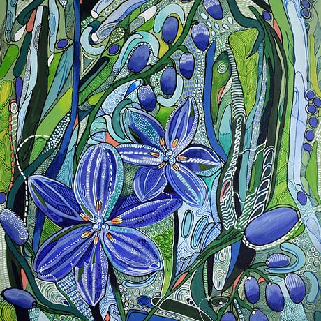 A very colourful decorative painting inspired by Australian Flora.  Bright green and blue colours dominate in this painting with some contrasting pink/orange.  Alot of fine detail is included in this painting with intricate patterns all over the painting.  The sides of the painting are painted.