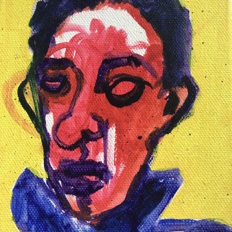 Small canvas with a painting of a man’s head with blank eyes. 