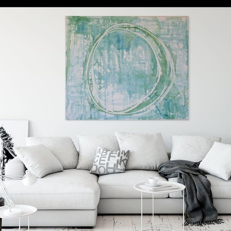 free flowing watercolour on canvas circular abstract painting in turquoise