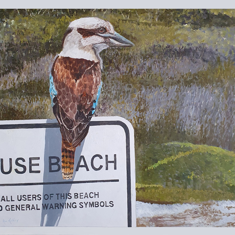 Kookaburra painted by Australian artist Rob Kennedy depicts a kookaburra perched on a beach safety sign.