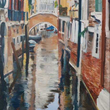 An oil painting of Venice with a plain bridge and reflections in the water from old crumbling buildings. It is painted in a contemporary, minimal style with very little detail. 