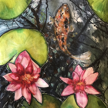 peaceful scene of a multicoloured koi (black, orange, white, gold) swimming amongst pink and green water lilies in a pond with reflections of overhanging tree branches 