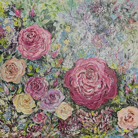 Textured roses bursting with colour . This has an old fashioned feel of times gone by era . 