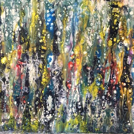 An acrylic pouring artwork,  multiple colors include blue, black, yellow, golden, red and purple.  
A pattern of rains, it is a shower. 
It is dark background with bright colors, that can help to calm down but not depressed.