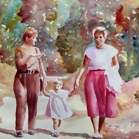 Family group strolls in the countryside.