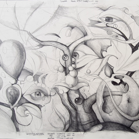 Pencil drawing on large sheet of paper, with various elements scattered around composition.  elements include, Tree, branches, leaves, eyes, balloons, various levels of growth/decay. Some elements finished and rendered, others faint almost outline rather that fully shaded.

Drawing is surrealist in nature.

Drawn on very high quality thick paper "Artistico Fabriano"