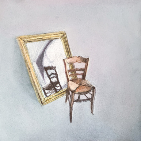 This soft pastel painting, of a brown chair and it’s reflection in a yellow, golden mid-century mirror, has been executed on pastel paper before being mounted on square wooden board. The sides of the panel are left raw. It is sealed and ready to hang. The background is a neutral grey.