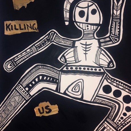 White, nude female form with ceremonial paint on a black background. The words: Stop killing us written on the painting. 