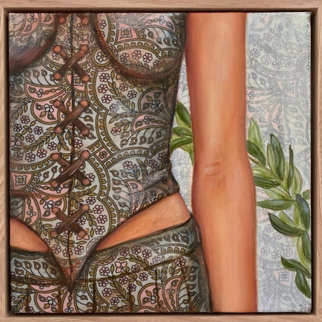 A cropped painting of a woman standing, showing her waist, with an olive branch in the back ground.