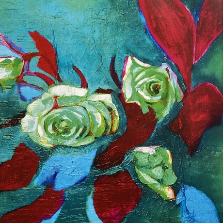 Brightly coloured green and blue roses with red leaves