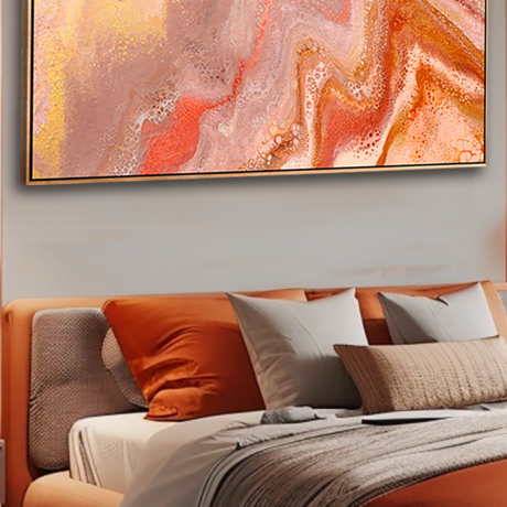 ABSTRACT painting that gives the impression of land form in outback Australia and along the coastline.  The intricate mosaic pattern within the tonal hues . An inlay of  glimmering metallics adds added interest and intrigue the close one gets to the painting. The metallics also add an extra depth because how the painting changes personality when one views from different angles and different light. Glows on the wall.