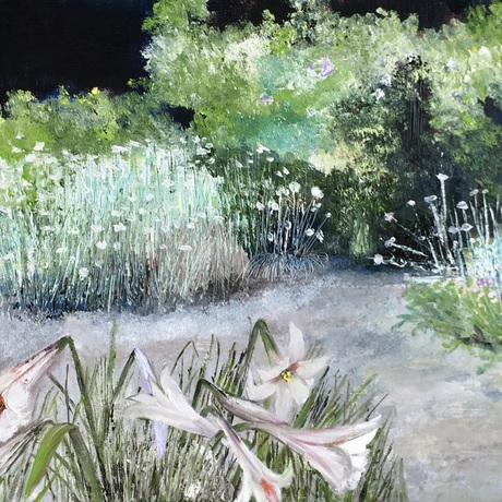 The painting’s foreground of lilies are offset by the gravel path 
leading into the dark distance gardens.
