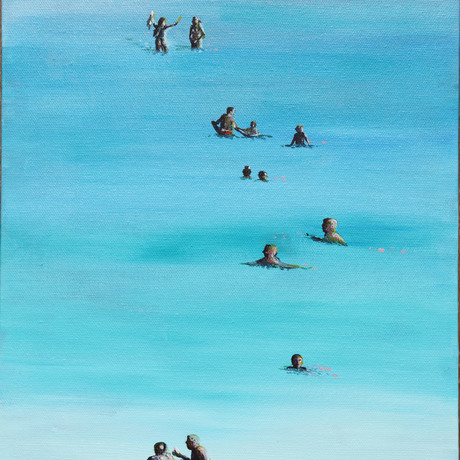 blue blue sea with 13 figures spread from top to bottom each enjoying their swim in different ways - two girlfriends talking, two middle aged gentlemen discussing, father and son with boogie boards, individuals swimming peacefully. Fills the canvas - pretty and peaceful. 