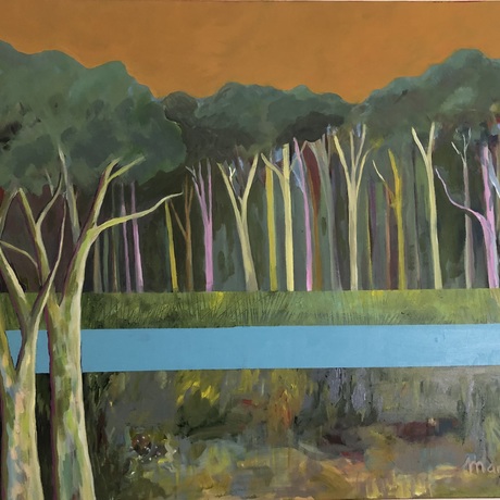 This is a contemporary landscape that describes the bush. A series of horizontal bands begins at the top in a rich ochre which represents the sky followed by a band of trees, the canopy of which sits on trunks depicted  by a band of vertical stripes. The another horizontal band of slightly textured green describing grasslands above a band of bright, warm blue. underneath the blue is a band of green, textured with other colours reminiscent of the tree trunks. On the left, in the foreground, are three spotted gums.