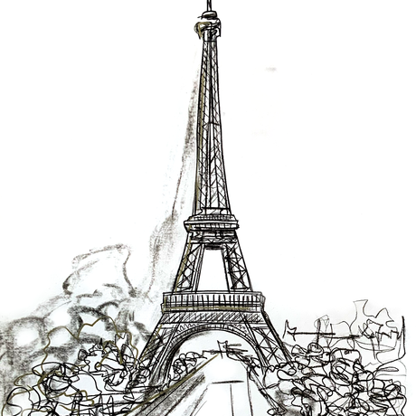 A line drawing of Paris featuring the Eiffel Tower, by Sydney artist Leni Kae. 
Created using ink and charcoal on paper, from Leni Kae’s series “Lines”. 