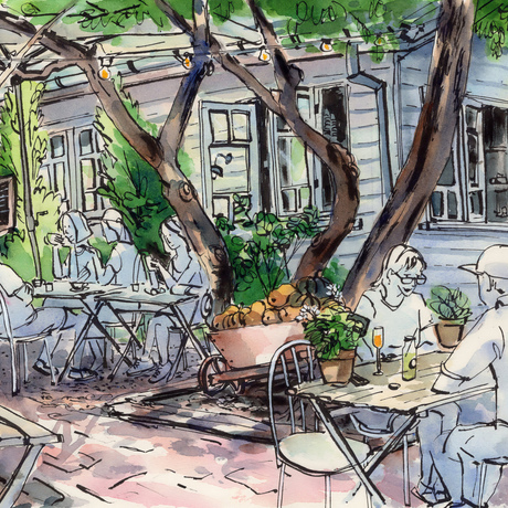 Garden Coffee Shop with people sitting at tables under trees.