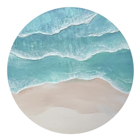 Round canvas depicting the shoreline. 
Both light and dark blues with waves crashing along the shore. 
Soft sands and dreamy elements. 
A truly coastal beauty 