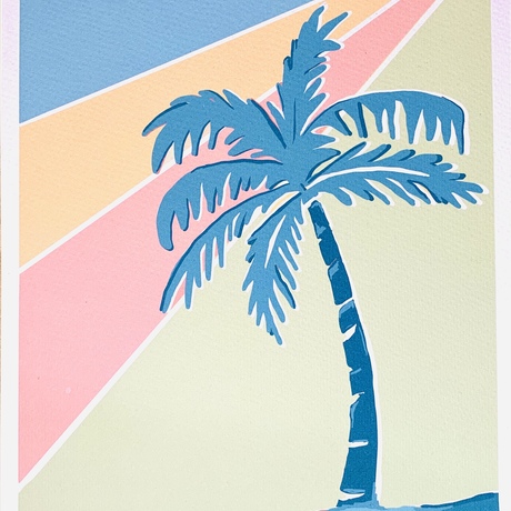 Tropical Palm trees in soft aqua greens, peach and pink hues. 