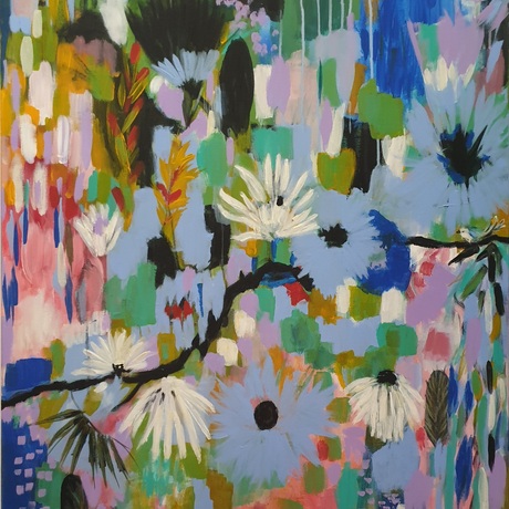 Abstract shapes in pink, blue, black green and yellow combined with paint drips, dots and blue flowers. 
White  fringed daisies on a black  branch traversing the canvas.  A little bird shape on a branch.  Pattern and colour combined.