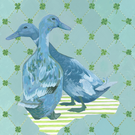 Two blue ducks on a diamond patterned background with four-leafed clovers.