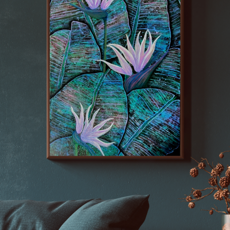 The piece here is an acrylic painted canvas of a Madagascan birds of paradise. 