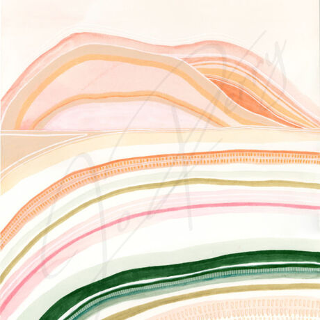 Abstract landscape of colourful lines in a nude colour palette depicting nature and rolling hills 