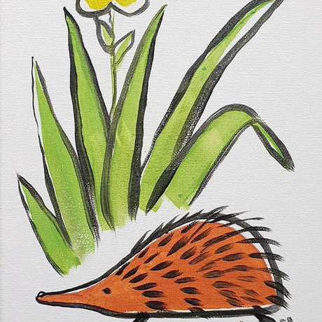 a small artwork with a  funny little echidna in the grass with a yellow flower good for kids rooms.