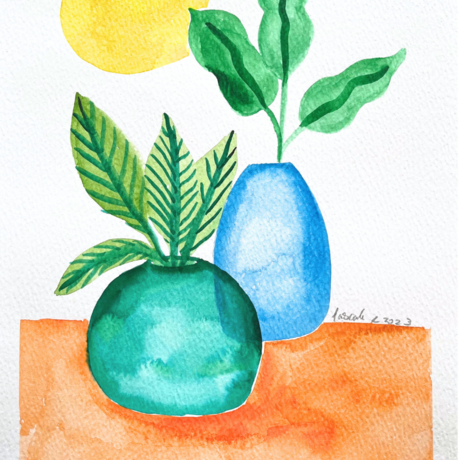 Watercolour Art #01 is the first artwork created by the artist and the start of a collection of original artworks on paper. This piece is a happy piece with vibrant colours and shapes.

This artwork is about plants soaking the sun on the balcony.

Watercolour art is about the practice the artist is stepping in while creating.

An every day practice, a weekly practice but no matter how often the artist is picking up the brushes, the colours, the papers, there is an introspection time right before the artwork can be produced. Not everything is going to be shared, but every piece of artwork is going to be felted.