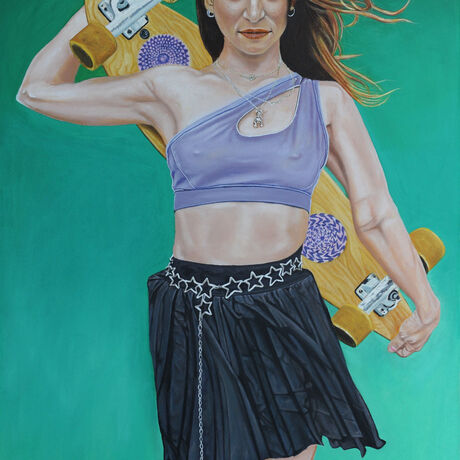 A dynamic portrait captures the spirit of a South American girl who embraces the world of skateboarding. With her right hand gripping the top and her left hand clutching the bottom, she proudly carries a skateboard on her back. Her attire, including a necklace, a snug shirt, and shorts, reflects a fusion of street style and outdoor enthusiasm. Her flowing hair, caught in mid-air, symbolizes the thrill of movement and spontaneity.