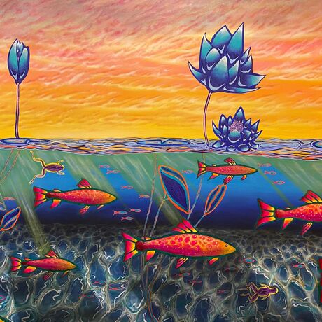 View of a dawning sky and colorful fish underwater