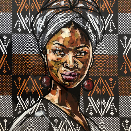 Portrait of an African woman painted directly onto glass with a traditional fabric background