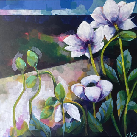 a painting of anenomes created in brisbane, 60x60cm framed 65x65 cm 