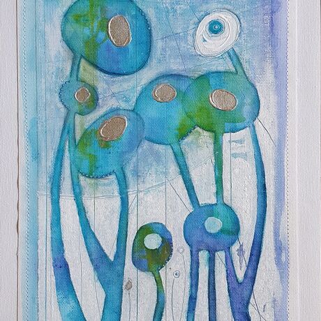 Small oil painting of abstract blue poppies