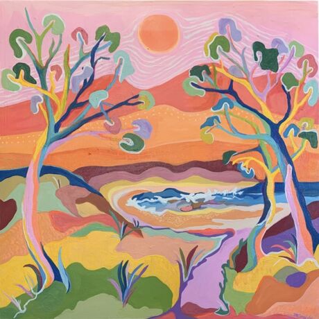 A vibrant landscape with trees framing a track that leads to the ocean. A Multi coloured modern landscape full of pattern and movement that captures the beautiful Bombala Track. 