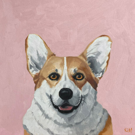 Smiling corgi dog painted on a smallish square pink canvas