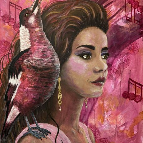 Bright Pink background comes through the artwork powerfully as we enjoy the imagined sounds of the bird perched on the shoulder of a modern woman.