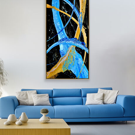 ABSTRACT painting of flowing colours: golds, light golds, and hues of blues. The black background makes the colours stand our even more.
It has incredible depth while evoking a feeling of flow and action. 
The closer you get to the painting the more of the interesting details and patterns you can see. Metallics add an extra depth because the painting changes personality when one views from different angles. the background is a strong deep black which makes the vibrant colours even more vibrant