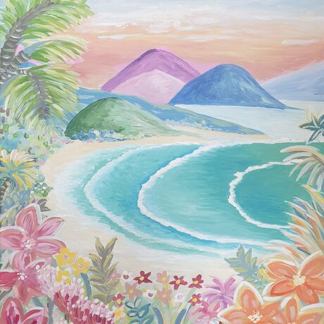 Pink sunset tropical seascape painting 61 x 76cm by Wendy joy art on canvas vibrant palm trees,  flowers in foreground, pink and blue hills beyond the ocean 