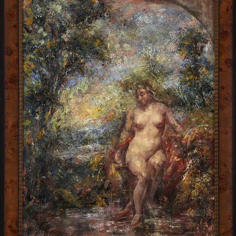 Nude female figure in forest landscape