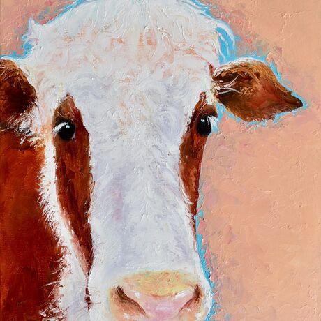 A vertical painting portrait of a brown and white cow on a peach background.