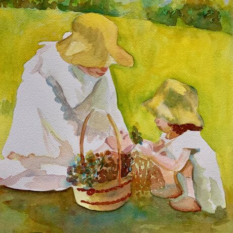 artwork showing a mother and daughter dressed in white gathering flowers together