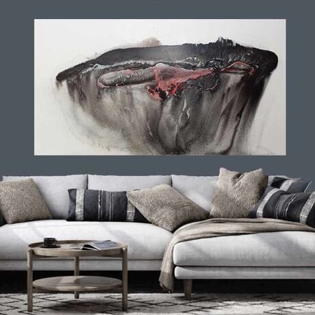 a large abstract of lava and black rock in Iceland. Molten magma. Black, white, red and silver