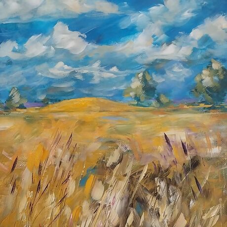 Loose landscape painting. Drought. Blue sky.  Dry warm colours.