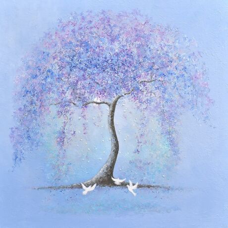 Painting of a Jacaranda Tree of Life in soft shades of mauve, lavender and blue. There are a pair of white doves perched in the branches of the Jacaranda with another three fluttering nearby.