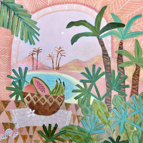 A tropical landscape with a palm filled lagoon and offering of flowers fruit and beach finds.