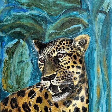 A bright realistic leopard head, growling 
Showing his teeth in a miss mash of greens and blues representing the jungle