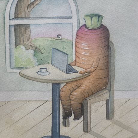 A carrot reading their emails 