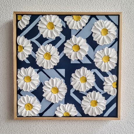 Inspired by the Matisse Pastel Daisies Flower Market poster, combined with navy blue Sicilian tiles, this artwork was created to transport you to a European summer. It’s hand painted background and mini daisies are the perfect addition to any space.